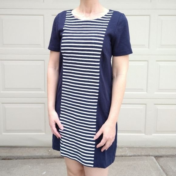 J. Crew Womens Stripe Knit Shift Dress Short Sleeve Back Zip Blue White Size 00 - Picture 3 of 14